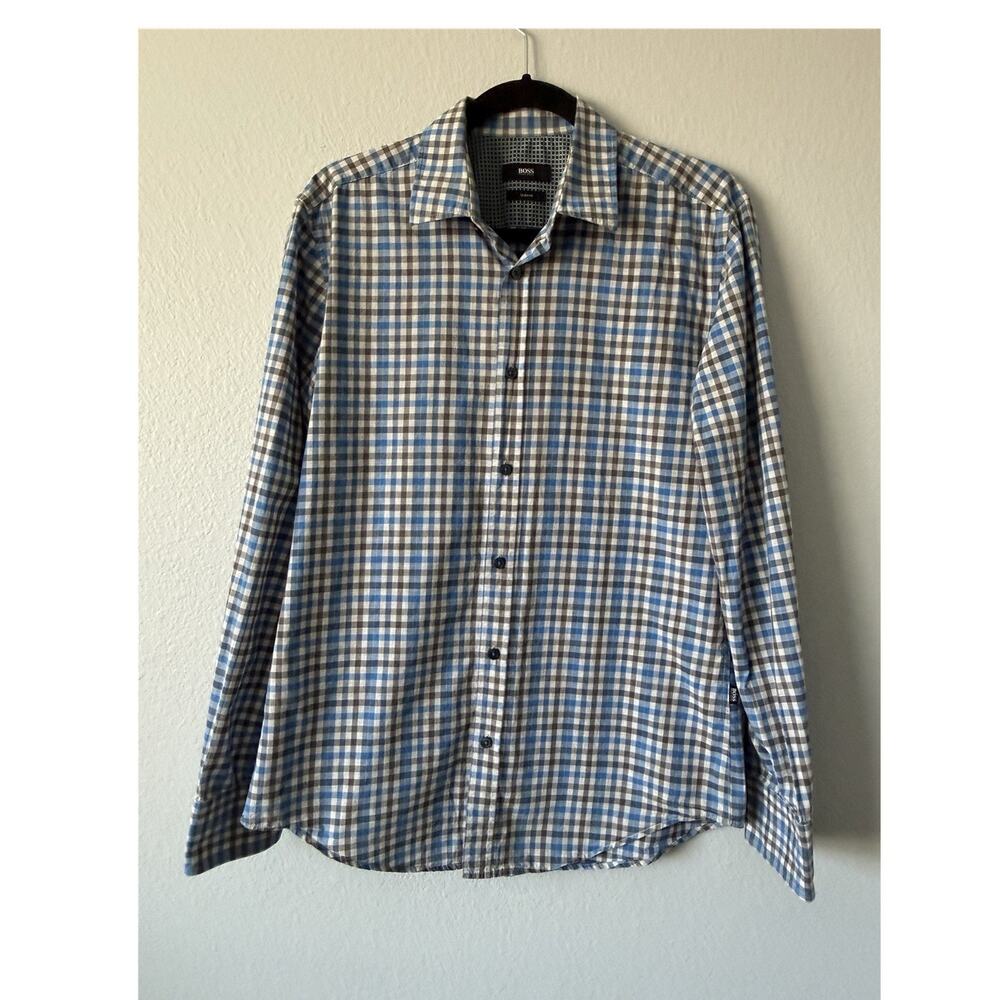 HUGO BOSS Slim Fit Classic Blue Neutral Plaid Ronny Long Sleeve Collar Shirt M